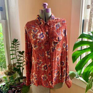 LOLA P. Sz L Floral Print Button Up Shirt Hi-Low Hem Lace Up Back Boho Western
